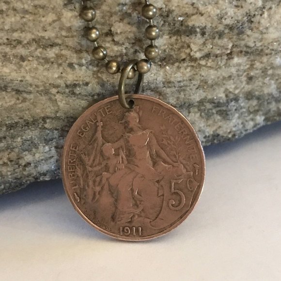 1911 France 5 COIN PENDANT French Antique Circulated Great Gift! 20” Necklace - Picture 1 of 4